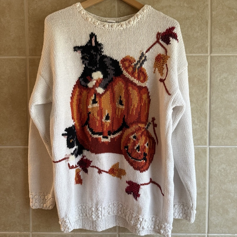 Vintage 90s Black Cats Halloween Pumpkin Chunky Knit Sweater Fall Womens Medium